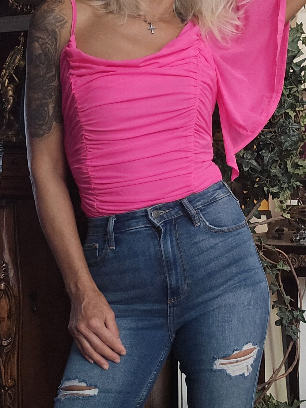 Fashion Nova Hot Pink Ruched Bodysuit Neon  Medium 1 Sleeve Flowy  Summer Top